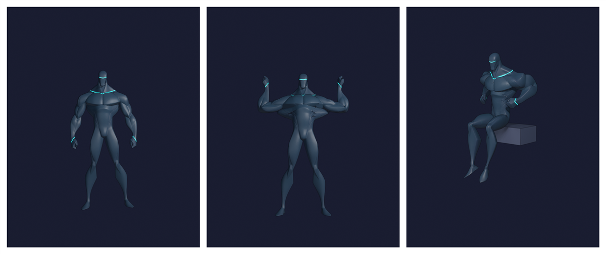 3 panel test strip: a dark blue neon-accented character standing, flexing, and sitting on a block