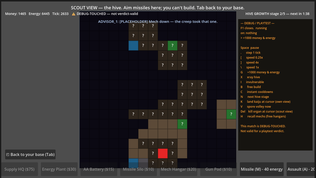 Kaiju Defense debug build: scout view of the hive with the debug/playtest panel open and the DEBUG-TOUCHED banner marking the match as not verdict-valid