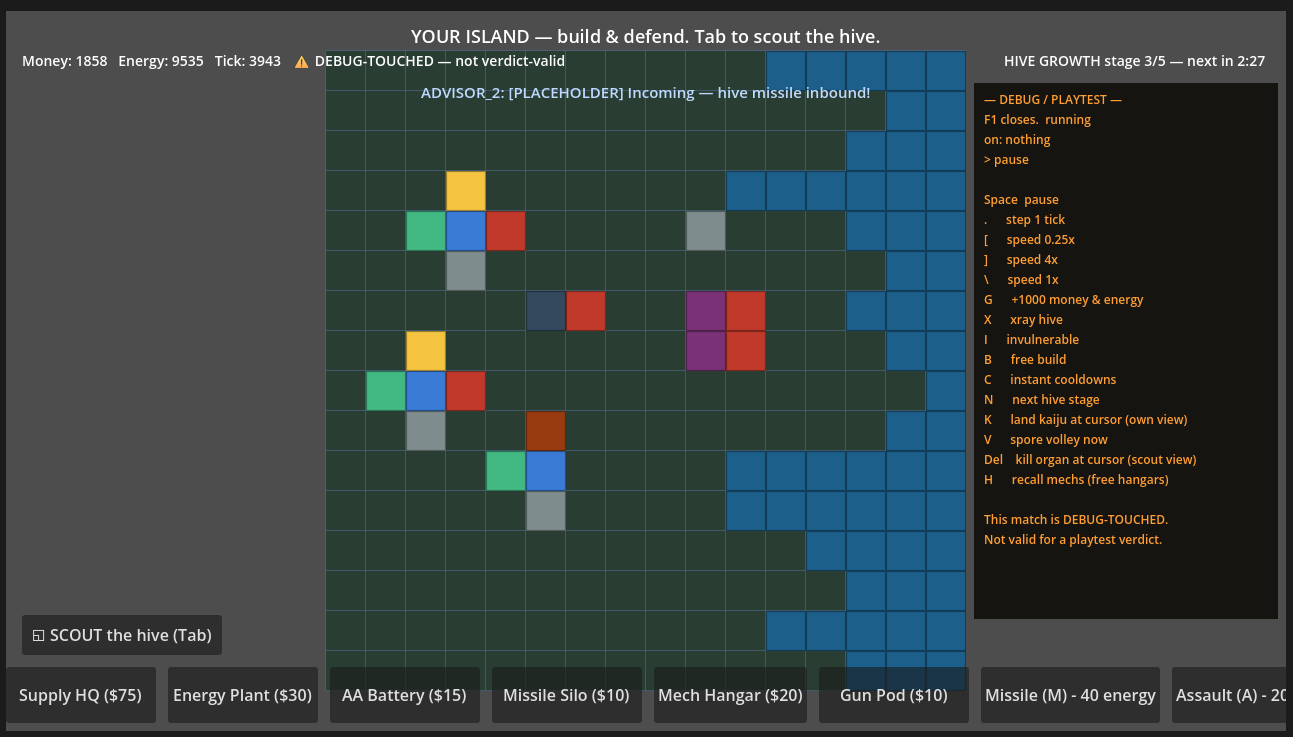 Kaiju Defense debug build: player island paused mid-game with the debug panel showing pause, tick-step, speed, and force-event keys