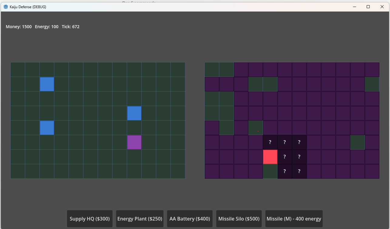 Kaiju Defense debug build: two-island grid, placeholder blocks for buildings and creep, resource HUD and build bar