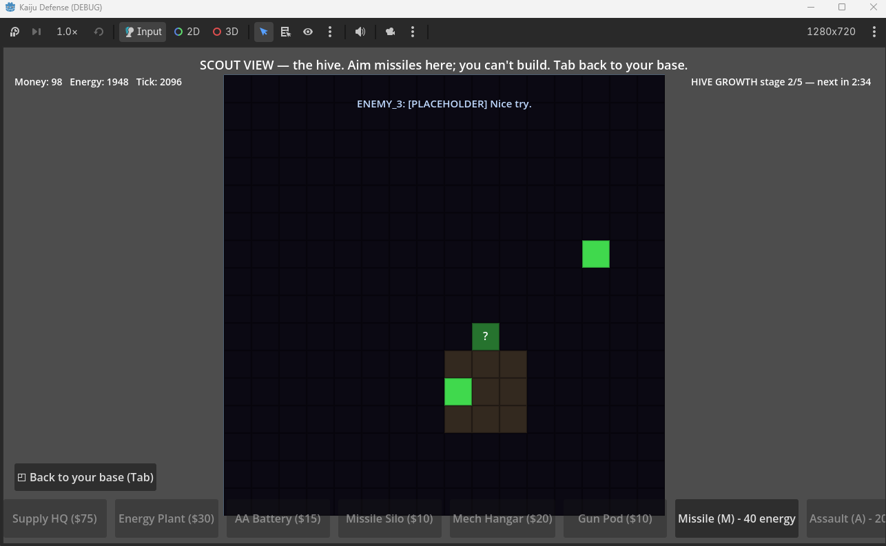 Kaiju Defense debug build: scout view of the hive board, mostly unrevealed with one flagged tile and revealed organ tiles