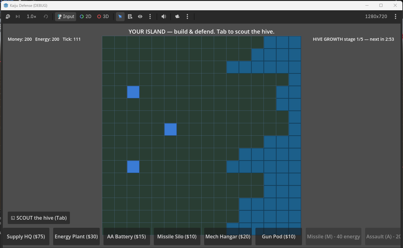 Kaiju Defense debug build: early-game player island with the Metal Marines-scaled build bar prices visible