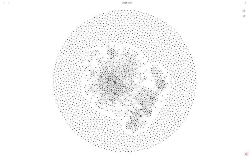 Obsidian graph view: a dense connected web of notes surrounded by a ring of unlinked dots